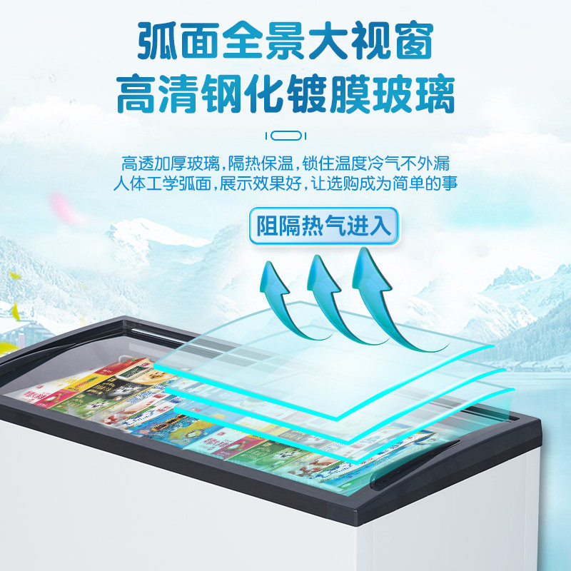 Ice Cream Cabinet with Curved Glass Door, Freezer, Refrigerated Freezer, Commercial Ice Cream Display Cabinet, Horizontal Island Cabinet, Supermarket