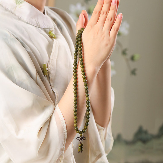 天然绿檀手串108颗佛珠手链手持天然老檀香木多圈念珠文玩男女士