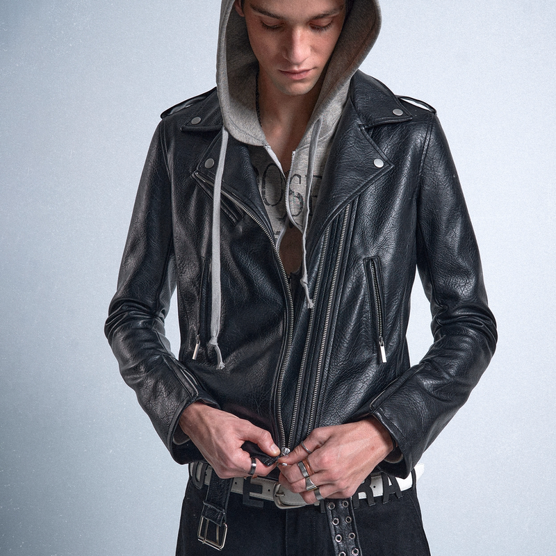 Noemosen (Noe) "Void" Double Zipper Adjustable Imported Textured Leather Rock Biker Slim Fit Leather Jacket