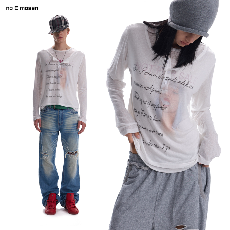 No E Mosen (Noe) Smoke Poetry Portrait Print Fake Two-Piece Sun Protection Cover-Up Snowflake Cotton Thin Long Sleeves