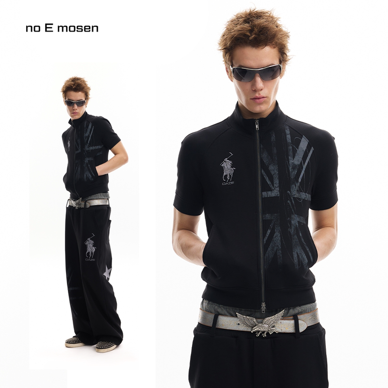 No E Mosen (Noe) Union Jack Print Stand-Up Collar, Hem-Cinched, Five-Quarter Sleeves, Pocket Zipper Cardigan Short-Sleeve No E Mosen (Noe) Union Jack Print Stand-Up Collar, Hem-Cinched, Five-Quarter Sleeves, Pocket Zipper Cardigan Short-Sleeve