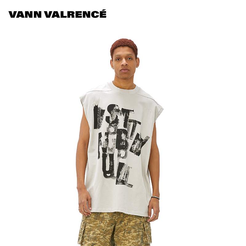 公式本物Lu Han同スタイルVANN VALRENCEノースリーブTシャツアメリカンレトロプリントグラフィティウエストコートベスト