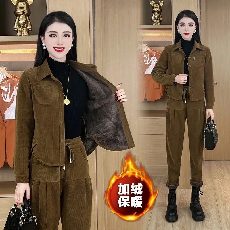 Autumn and Winter Fashionable Casual Fleece-Lined Thickened Suit for Women 2025 New Korean Style Trendy Age-Reducing Corduroy Two-Piece Set Autumn and Winter Fashionable Casual Fleece-Lined Thickened Suit for Women 2025 New Korean Style Trendy Age-Reducing Corduroy Two-Piece Set