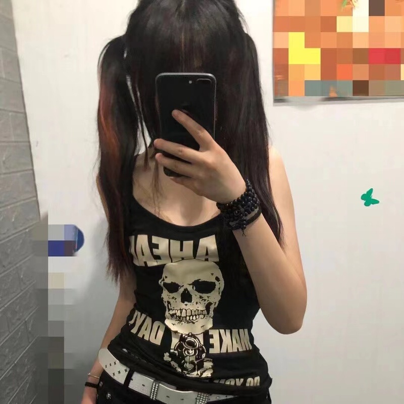 2024 New Punk Y2K Millennial Style Hot Girl Dark Gothic Skull Rose Print Tank Top Sleeveless Top