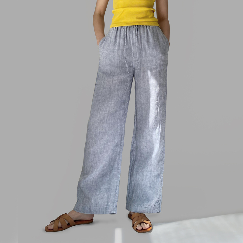 100% Yarn-Dyed Herringbone Linen Light Blue Extended Version Tall Elastic High-Waisted Loose Straight Casual Women's Pants