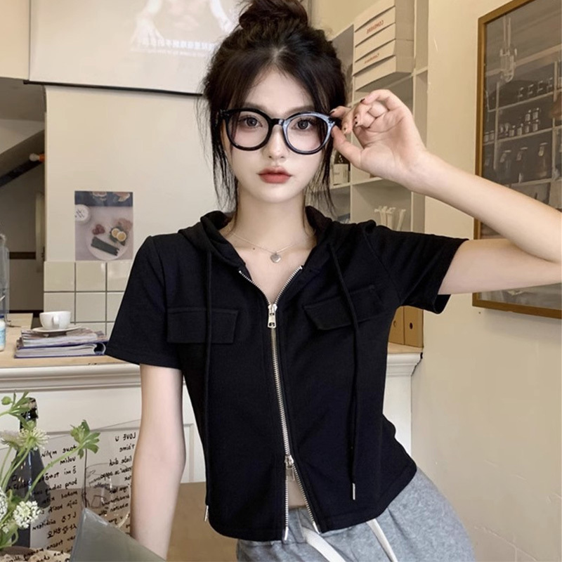 Double Zipper Design Hooded Short-Sleeved T-Shirt for Women in Summer Korean Style Slimming Look Belly-Covering Short Sweet and Spicy Top Trendy Double Zipper Design Hooded Short-Sleeved T-Shirt for Women in Summer Korean Style Slimming Look Belly-Covering Short Sweet and Spicy Top Trendy