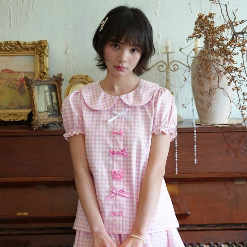 Tears Sofa Tears Sofa Pink Plaid Bowknot Girl's Outfit Short Skirt