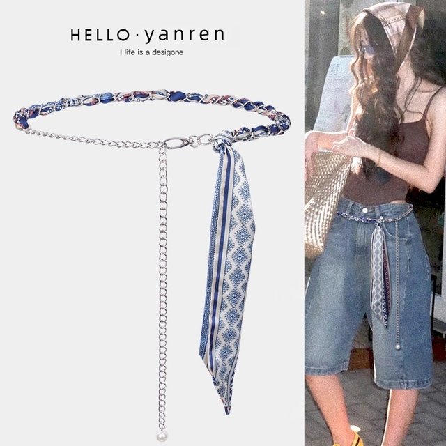 Silk scarf belt accessories for women metal chain waist chain ribbon belt braided bohemian ethnic style with jeans