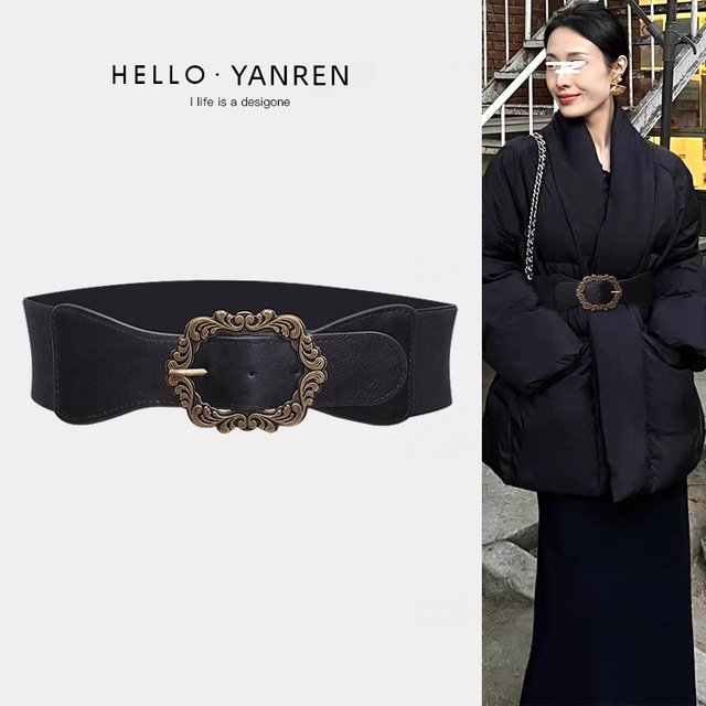 Women's Coat Belt Waist Accessory Wide Elastic Black Vintage Decorative Belt for Dresses, Sweaters, and down Jackets