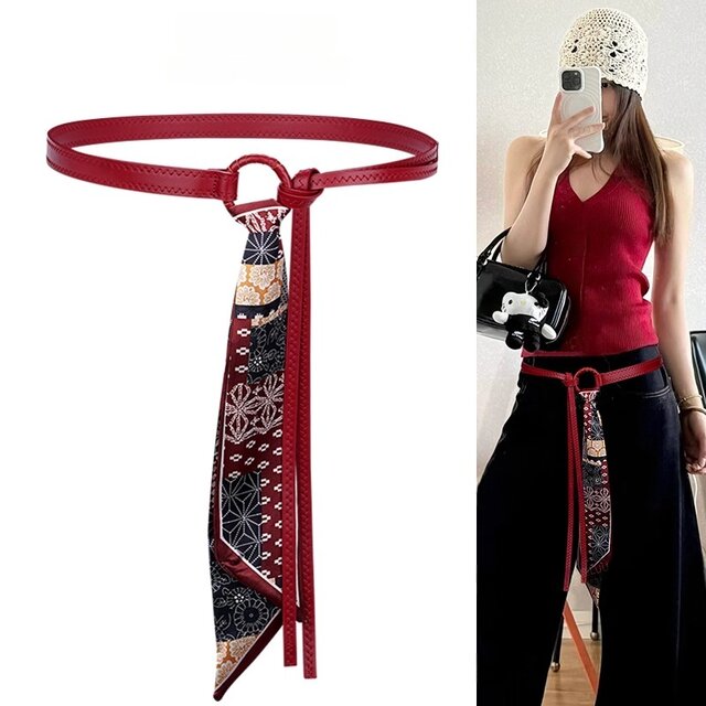 Red Silk Scarf Belt Accessory for Women, Vintage Decoration, Suitable for Jeans and Skirts, Y2K Belt with a Unique and High-End Design