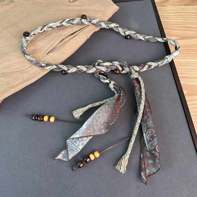 2025 Autumn Bohemian Style Silk Scarf Wax Rope Braided Waist Chain Thin Belt Paired with Floor-Length Pants and Skirt Beaded Waist Rope