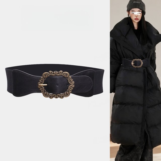 Women's Coat Belt Waist Accessory Wide Elastic Black Vintage Decorative Belt for Dresses, Sweaters, and down Jackets