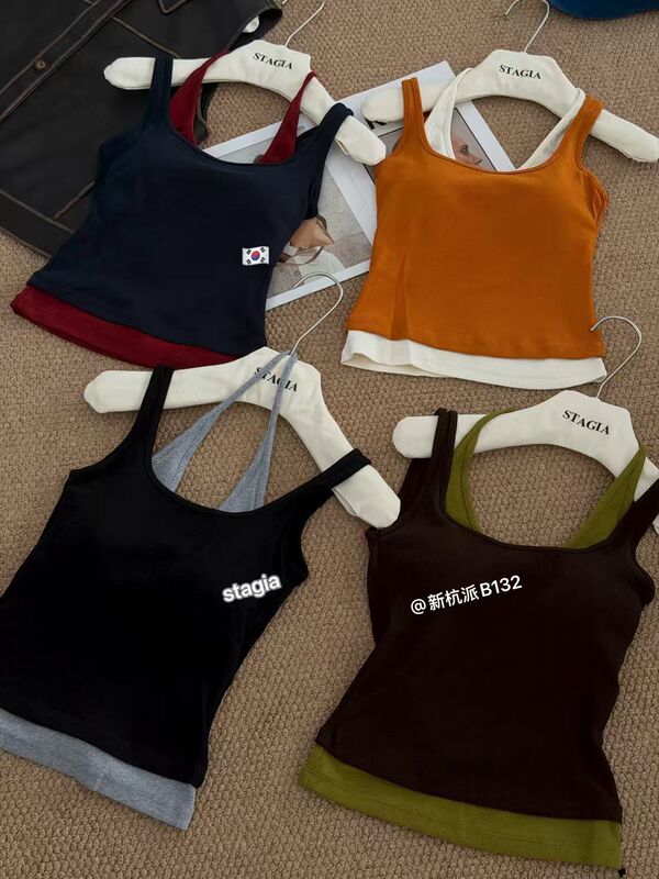 In Stock! Korean Order Style, New Autumn Versatile Design with Built-In Chest Pads, Fake Two-Piece Tank Top, Slimming and Beautiful Back