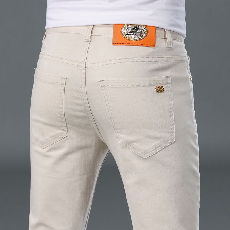 Hong Kong High-End Beige Denim Jeans for Men, Summer Thin Slim-Fit Skinny Stretch Korean Style Versatile Casual Long Pants Hong Kong High-End Beige Denim Jeans for Men, Summer Thin Slim-Fit Skinny Stretch Korean Style Versatile Casual Long Pants