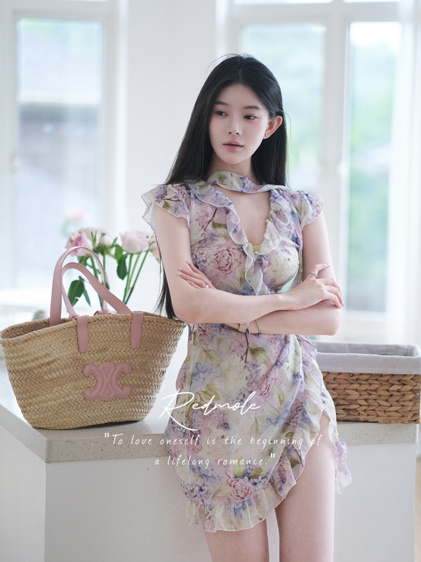 Redmole [Monet Garden] Original Imported Chiffon Hydrangea Custom Dyed Printed Ruffled Ribbon Dress