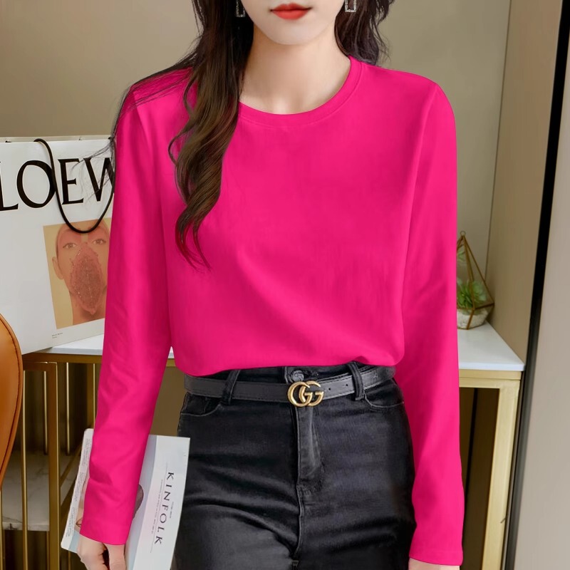 Right-Shoulder Pure Cotton Rose Red Base Shirt Long-Sleeve T-Shirt for Women, Fashionable and Versatile ins Simple Round-Neck Top for Spring and Autumn