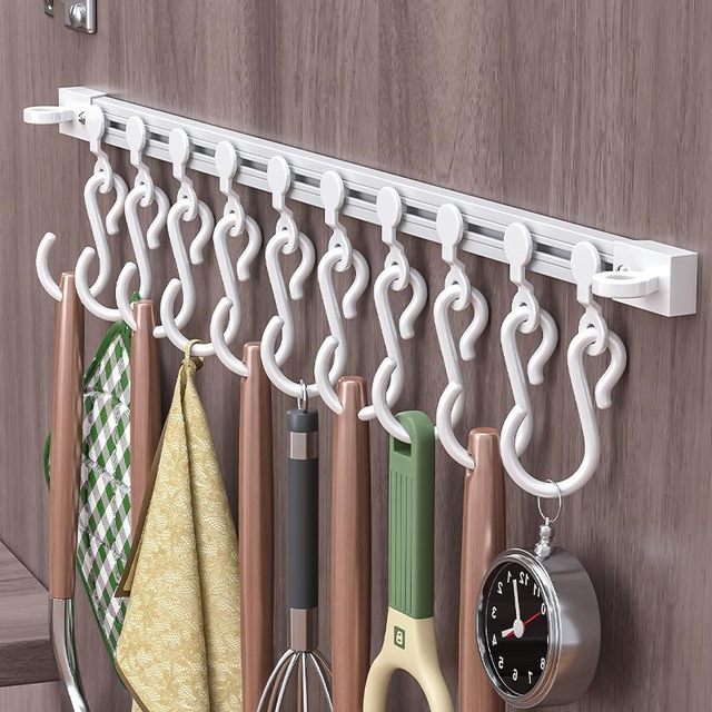 Kitchen No-Drill Sliding Rail Hook Rack for Hanging Spoons, Spatulas, and Kitchen Utensils, Sliding Strip for Cabinet Doors and Walls
