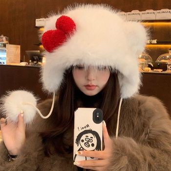 Little Bear Bow Hat for Women, Autumn/Winter 2025 New Style, Cute, Warm, Ear-Protecting, Face-Slimming, Plush Knitted Hat