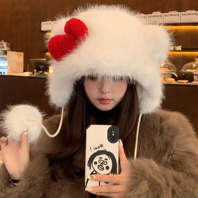 Little Bear Bow Hat for Women, Autumn/Winter 2025 New Style, Cute, Warm, Ear-Protecting, Face-Slimming, Plush Knitted Hat