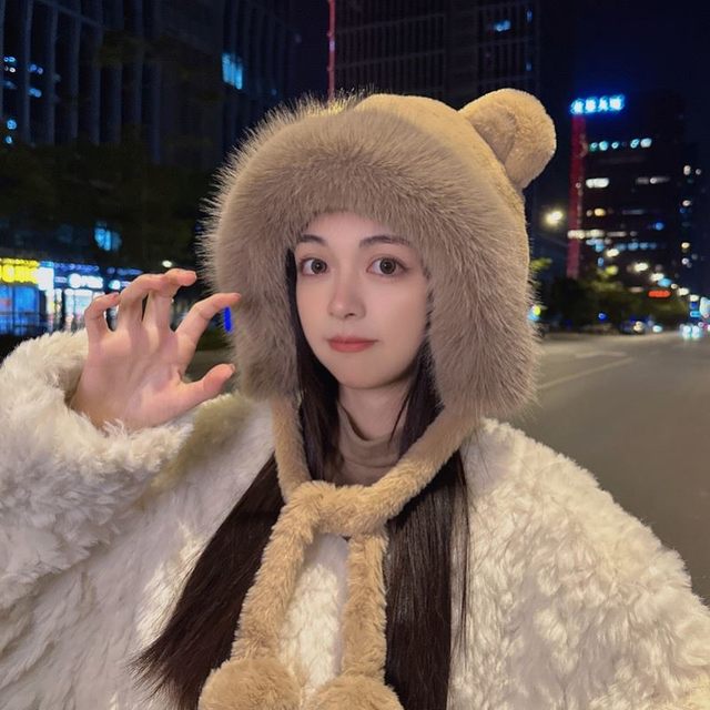 Little Bear Bow Hat for Women, Autumn/Winter 2025 New Style, Cute, Warm, Ear-Protecting, Face-Slimming, Plush Knitted Hat