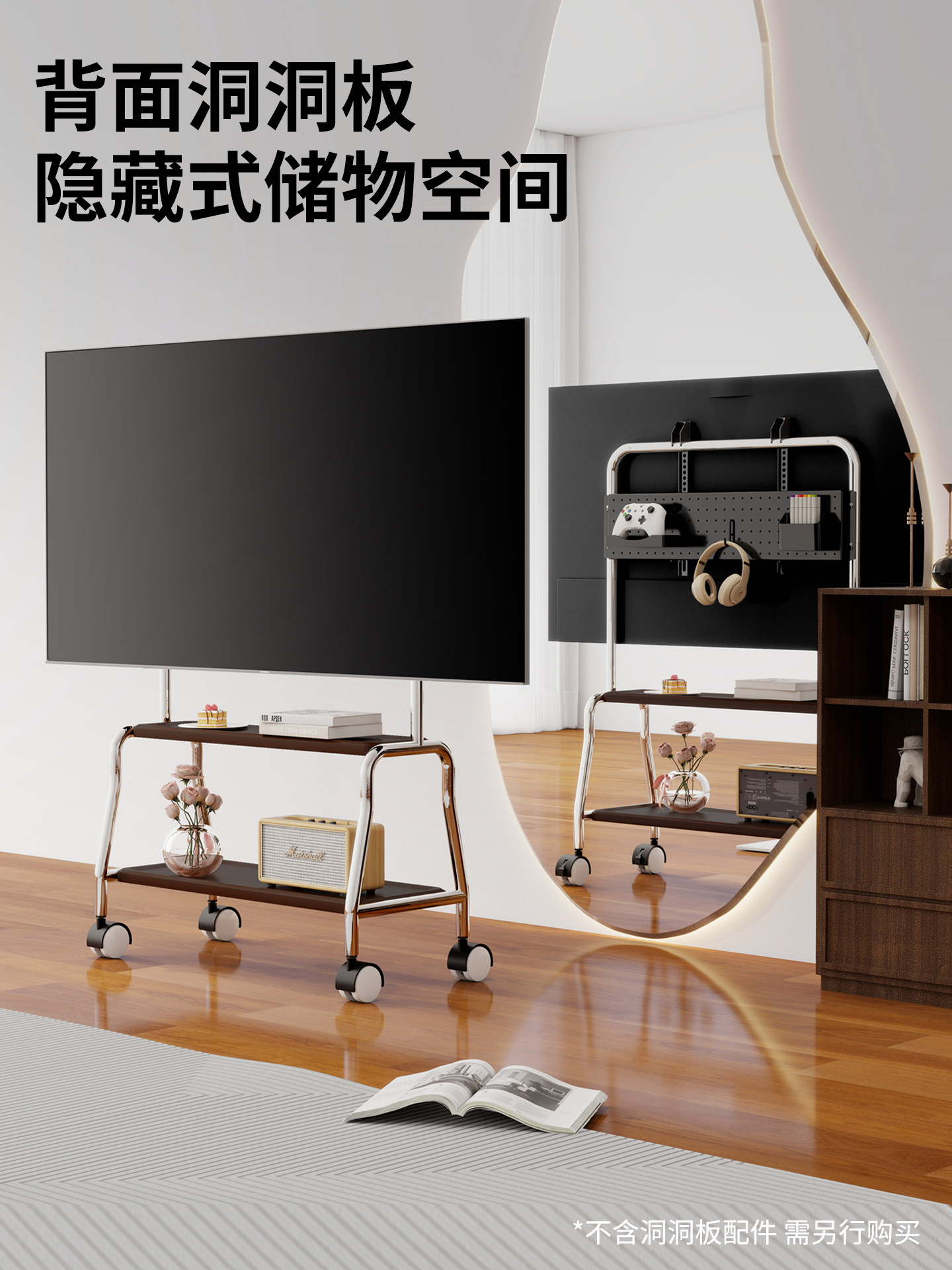 Tv Floor Stand Movable Vertical Stainless Steel Wheeled Cart for Living Room 55/65/ 75inch Universal Mount