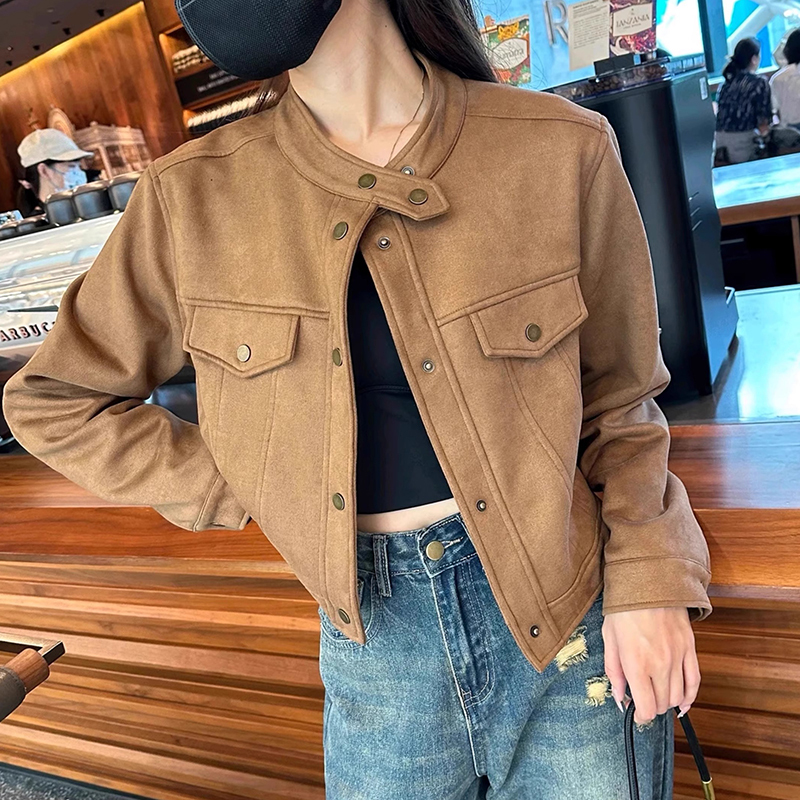 Popular Retro Short Suede Jacket for Women, New Spring and Autumn 2026 Korean Style, Petite Size, Fleece-Lined and Thickened Top