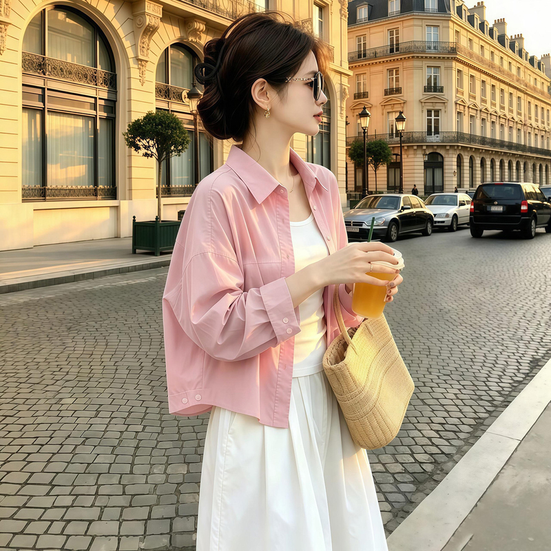 Pink Long-Sleeved Shirt for Women, 2026 New Spring and Autumn Loose Casual Shirt, Short Top with a Sense of Design Pink Long-Sleeved Shirt for Women, 2026 New Spring and Autumn Loose Casual Shirt, Short Top with a Sense of Design