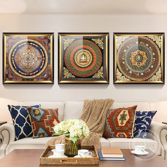 尼泊尔唐卡装饰画六字真言心经字画挂画西藏玄关壁画中式背景墙画