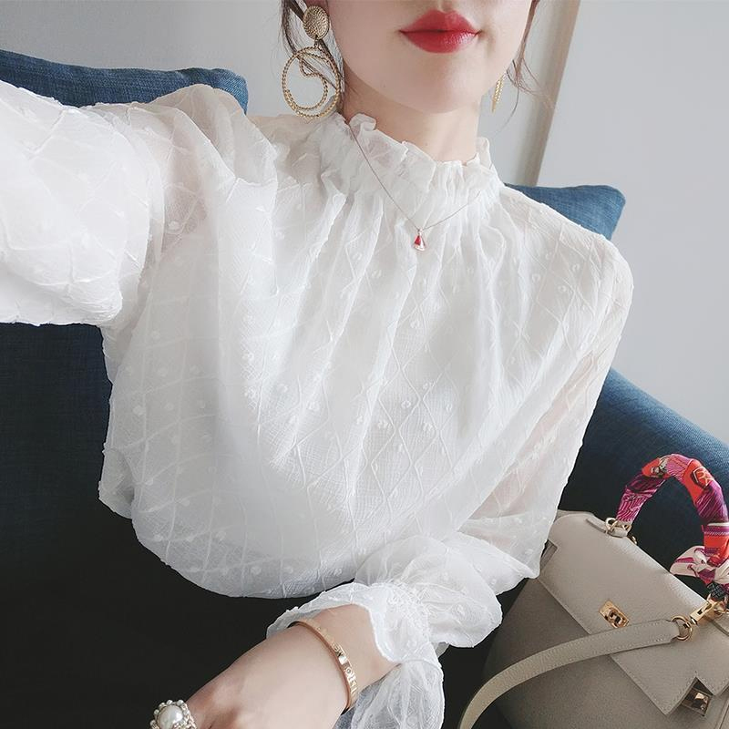 White Chiffon Shirt for Women, Spring and Autumn 2026 New Style, Stylish High-Neck Top with Fleece Lining, Thickened Lace Base Shirt