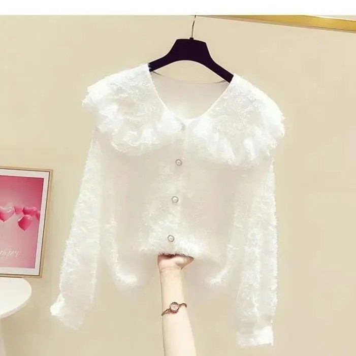 Осенне-зимняя новая рубашка с кукольным воротником и бархатной толстой кружевной рубашкой с большими лацканами, женская повседневная шифоновая рубашка, тренд