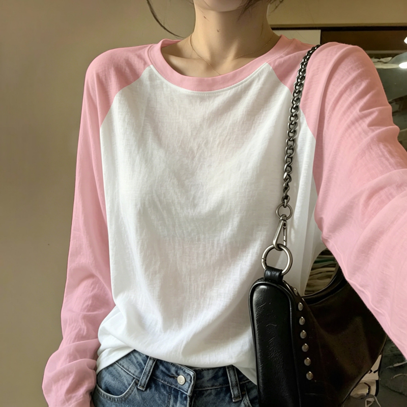 Pink Dopamine Color-Blocked Raglan Sleeve Long-Sleeve T-Shirt for Women, Thin Loose Sun-Protective Cover-Up, Slightly Sheer Top for Summer