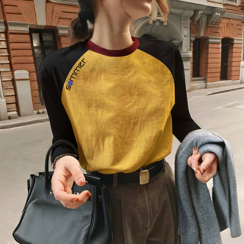 American Retro Contrasting Color Long-Sleeved T-Shirt for Women, Autumn Style, Loose Casual Top ins Trendy Fashion Yellow Pure Cotton T-Shirt for Winter