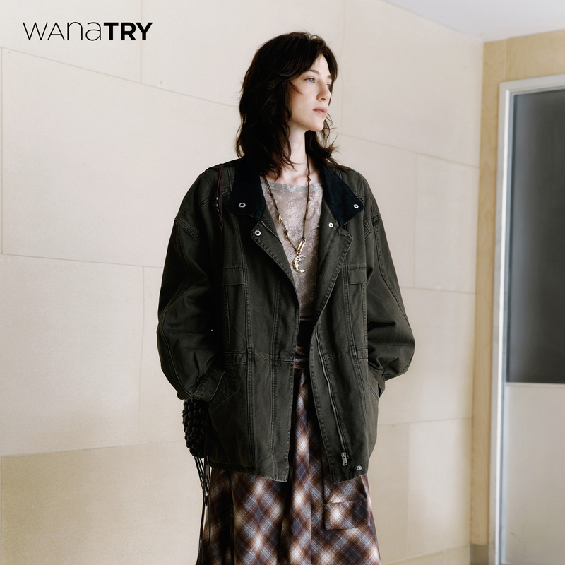 [Celebrity Style] Wana Try Pure Cotton Retro-Style Oversized Workwear Jacket, New Autumn Military Green Fashionable Top