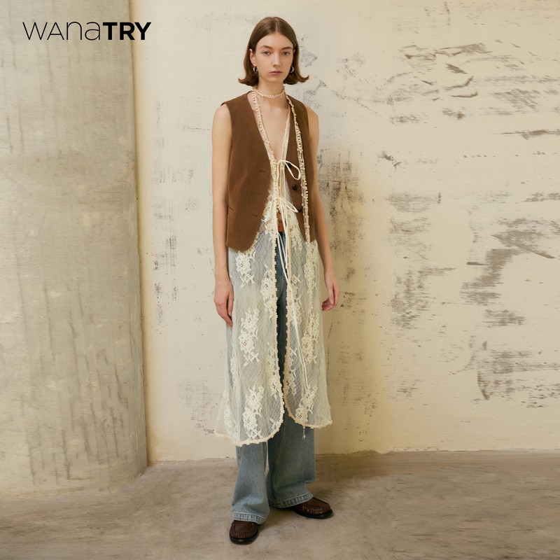 [Celebrity Style] Wana Try Lace Slim-Fit Long Vest Dress, New Autumn Casual Long Cardigan