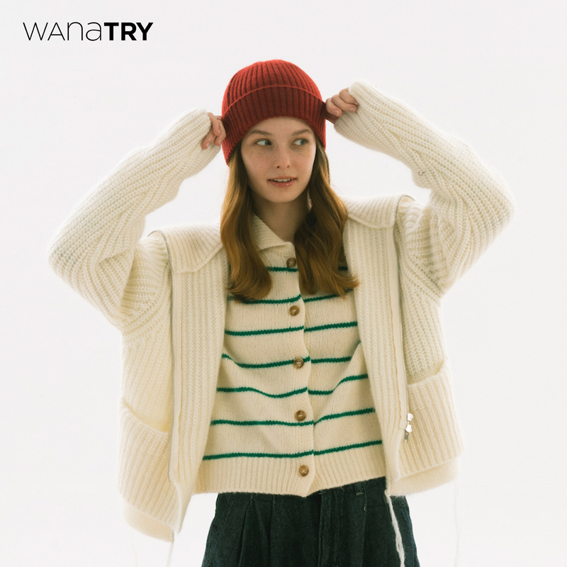 Wana Try【Celebrity Style】Sheep Wool and Camel Hair Knitted Cardigan with Striped Collar, Vintage Soft Sweater Wana Try【Celebrity Style】Sheep Wool and Camel Hair Knitted Cardigan with Striped Collar, Vintage Soft Sweater