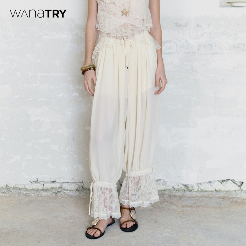 Wana Try Lace-Trimmed Loose-Fitting Cropped Lantern Pants 2026 Summer New Arrival Cream White Casual Korean Style Cropped Pants Wana Try Lace-Trimmed Loose-Fitting Cropped Lantern Pants 2026 Summer New Arrival Cream White Casual Korean Style Cropped Pants