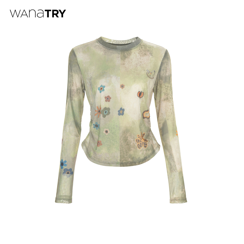 Wana Try Mesh-Like Skin-Tight Base Layer Women's 2026 Autumn New Kiwi Green Long-Sleeve T-Shirt Korean Style Wana Try Mesh-Like Skin-Tight Base Layer Women's 2026 Autumn New Kiwi Green Long-Sleeve T-Shirt Korean Style