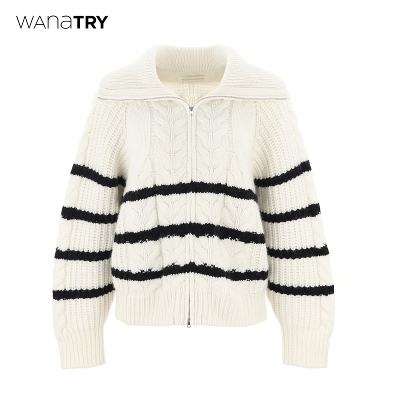 Wana Try【Celebrity Style】Pure Wool Striped Sweater New Autumn Style Artistic Knitted Cardigan Top