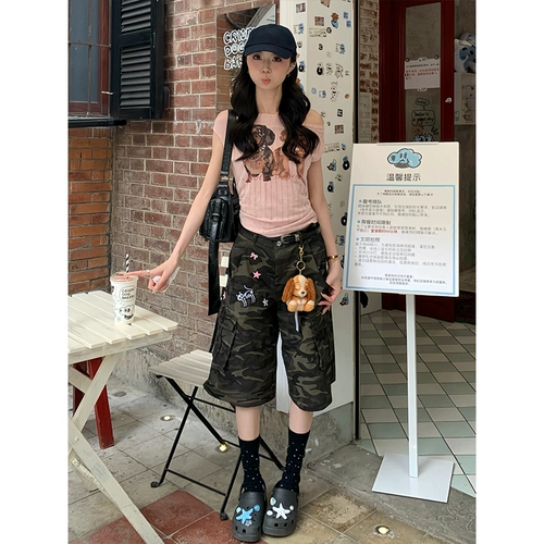 Ретро камуфляжные штаны, спортивные шорты, в американском стиле, свободный крой