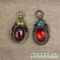 Antique Miscellaneous antique silver inlaid zircon pendant Thai blue zircon pendant imitation old foot silver zircon pendant