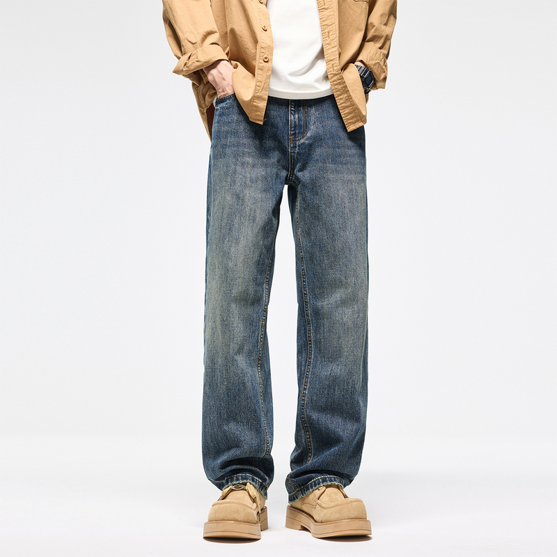 Lee Bradbury Spring and Autumn American High Street Jeans for Men, Washed Vintage Loose Straight High-End Wide-Leg Trousers