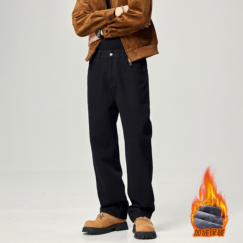 Lee Bradbury Men's Loose Straight Black Jeans American High Street Versatile Washed Fleece-Lined Wide-Leg Pants Lee Bradbury Men's Loose Straight Black Jeans American High Street Versatile Washed Fleece-Lined Wide-Leg Pants