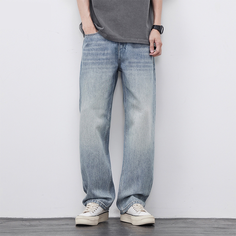Lee Bradbury American Style Trendy Pure Cotton Jeans for Men, Loose Straight-Leg Light-Colored Casual High-Street Drape Pants