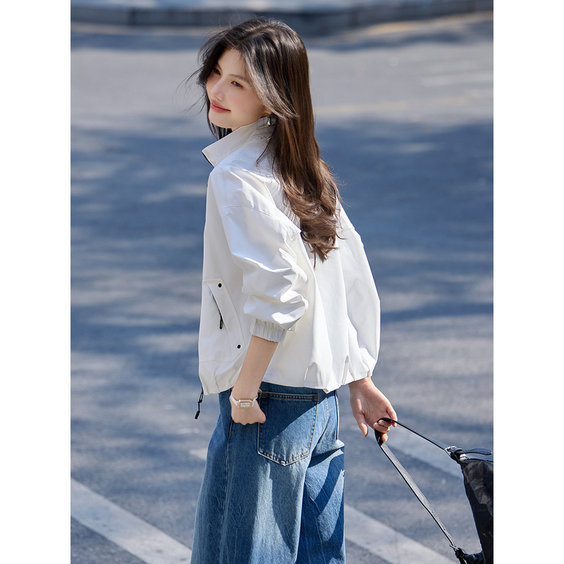 Petite Casual White Women's Short Jacket 2026 Autumn New Loose Color-Blocked Stand Collar Zip-Up Jacket Petite Casual White Women's Short Jacket 2026 Autumn New Loose Color-Blocked Stand Collar Zip-Up Jacket