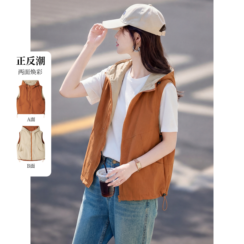 Reversible Vest for Women 2026 Spring New Casual Loose Versatile Sleeveless Hooded Short Jacket Zipper Short Top