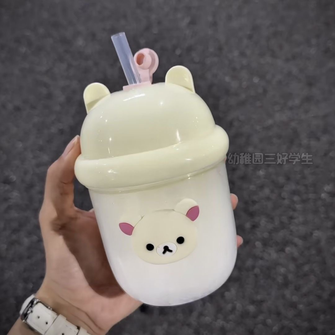 [New Product]Japanese Rilakkuma Mini Milk Coffee Glass Cup, High-Quality, Portable with Straw