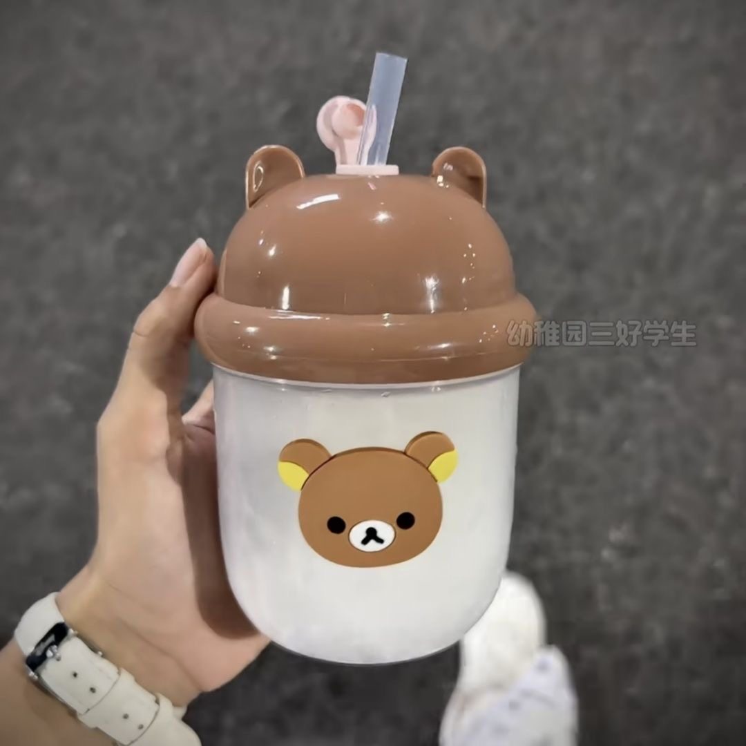 [New Product]Japanese Rilakkuma Mini Milk Coffee Glass Cup, High-Quality, Portable with Straw