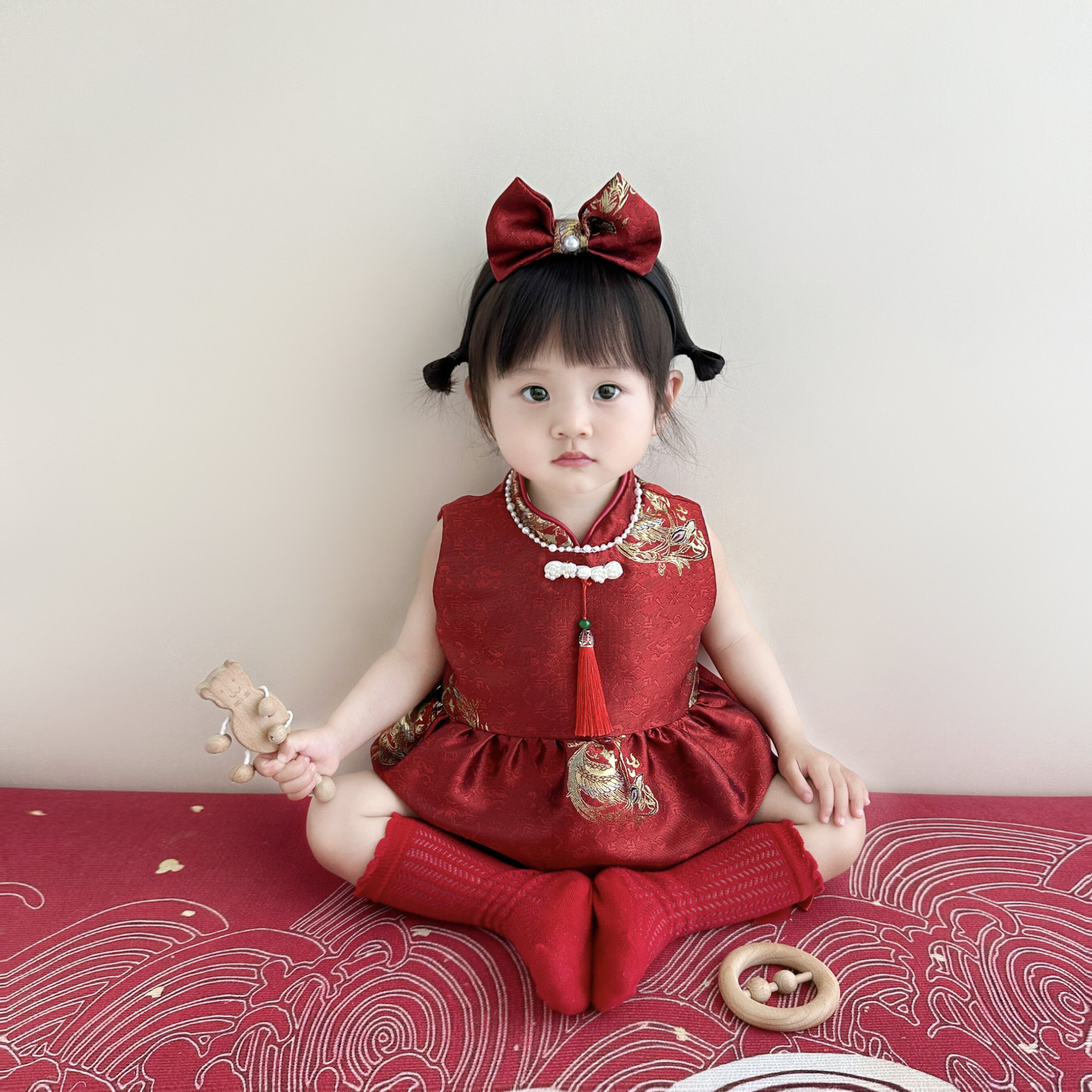 2025 new summer red baby girl first birthday dress, traditional chinese  "zhuozhou" outfit, perfect for a centennial celebration!