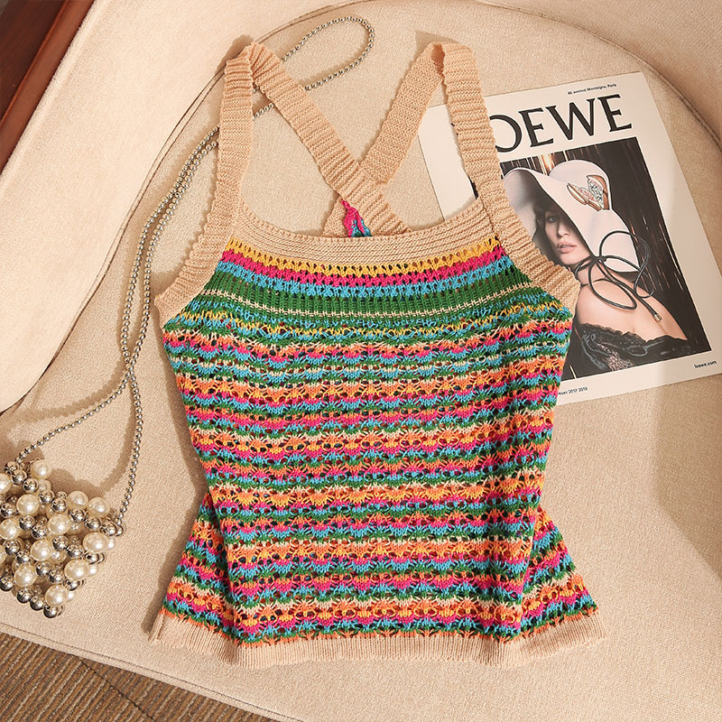 Dopamine Rainbow Striped Knitted Camisole for Women, Vacation Style, Sweet and Spicy, Slim Fit, Beautiful Back, Off-Shoulder Top