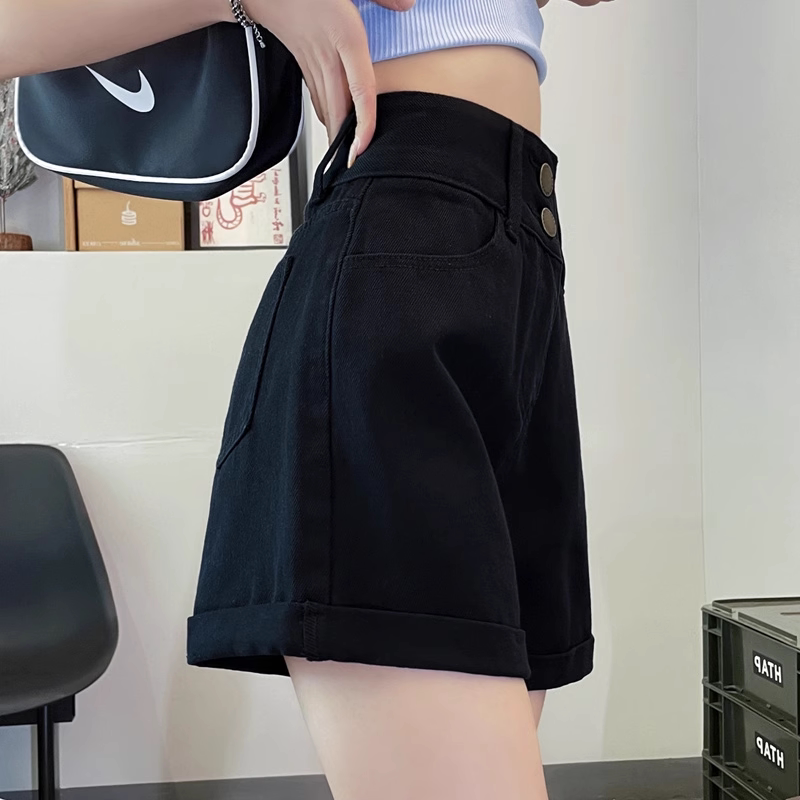 Black A-Line Denim Shorts for Women, Summer Thin High-Waisted Loose Fit, Slimming for Pear-Shaped Body, Wide-Leg Pants